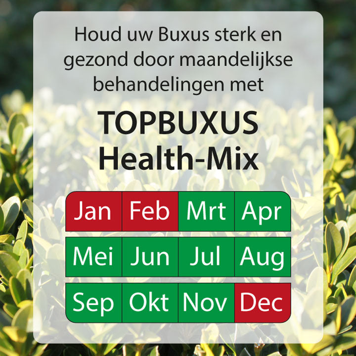 Houd uw Buxus sterk en gezond door maandelijkse behandelingen met Topbuxus Health-Mix gebruikstabel